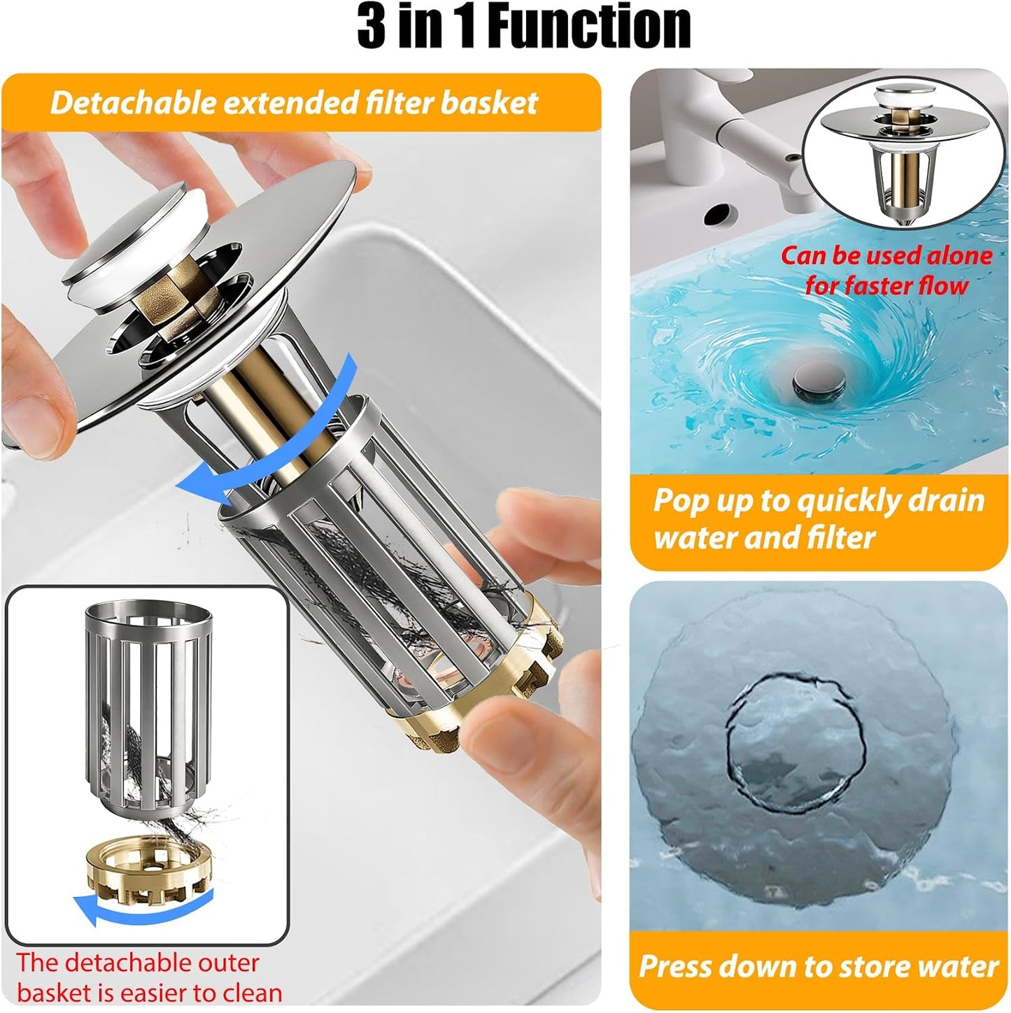 Anlige Bathroom Sink Drain Strainer, 3 in 1 Pop Up Bathroom Sink Stopper with Removable Brass Basket Hair Catcher, Universal Sink Plug for 1.06 to 1.6in Drain Hole, Chrome Silver
