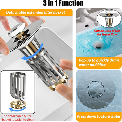 Anlige Bathroom Sink Drain Strainer, 3 in 1 Pop Up Bathroom Sink Stopper with Removable Brass Basket Hair Catcher, Universal Sink Plug for 1.06 to 1.6in Drain Hole, Chrome Silver