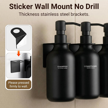 Shampoo and Conditioner Dispenser - Shower Soap Dispenser 3 Chamber No Drill - Bathroom Soap Dispenser Wall Mount Adhesive - Clear PET Bottles with Nature Bamboo Pumps Set Refillable 1500ml