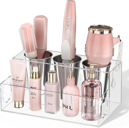 NIUBEE Acrylic Hair Tool Organizer,Hair Dryer Holder Countertop with 3 Cups | Clear, Hot Tools Organizer, Hair Blow Dryer Organizer for Curling Iron, Brush, Straightener, Makeup,Skincare,Vanity, Bathroom