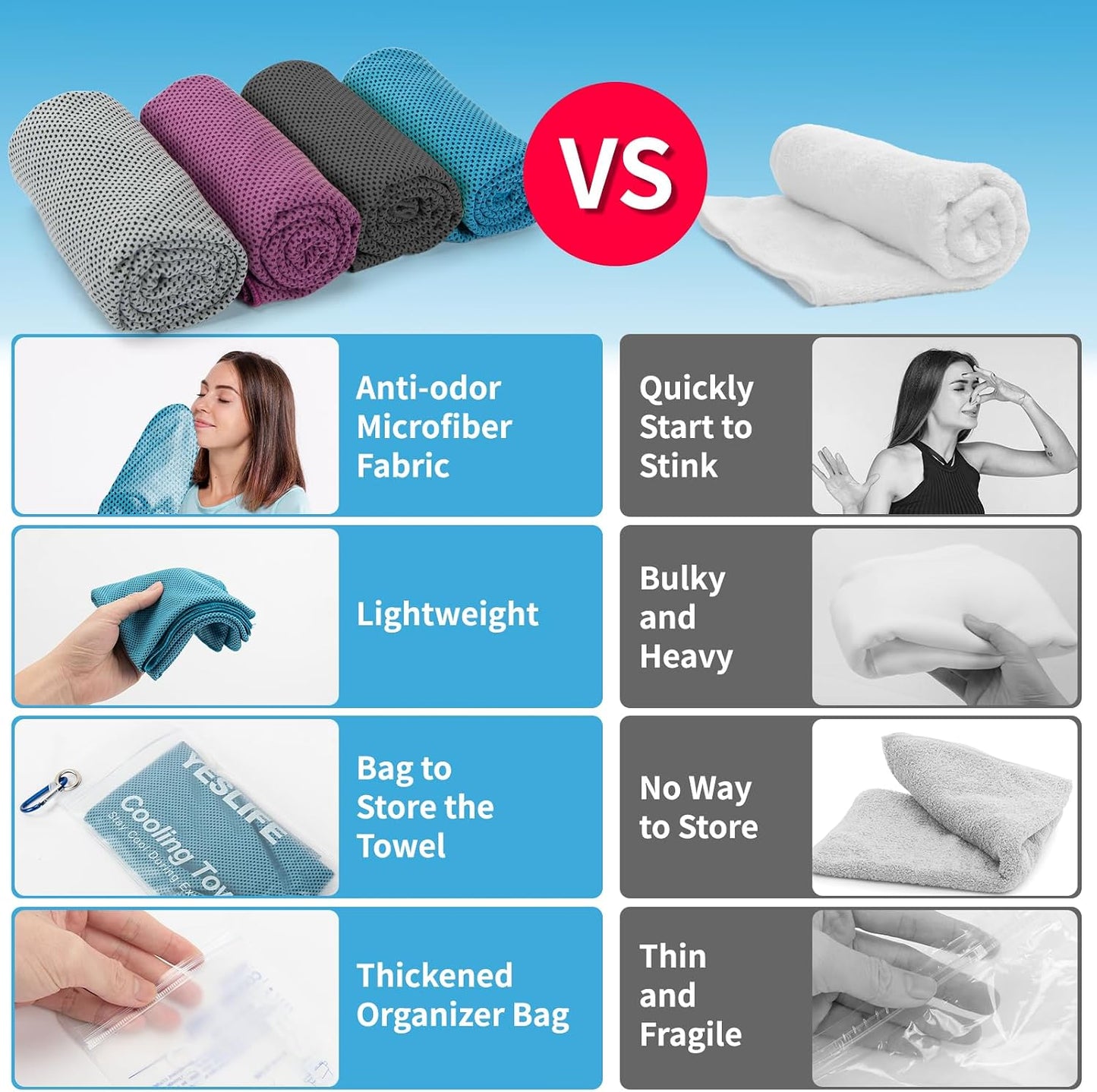YESLIFE Cooling Towels, 4-Pack 40"x12", Multicolor Set A | Microfiber gym towels, soft breathable neck wrap, cooling towel for yoga running sport camping, Multicolor, 4-pack