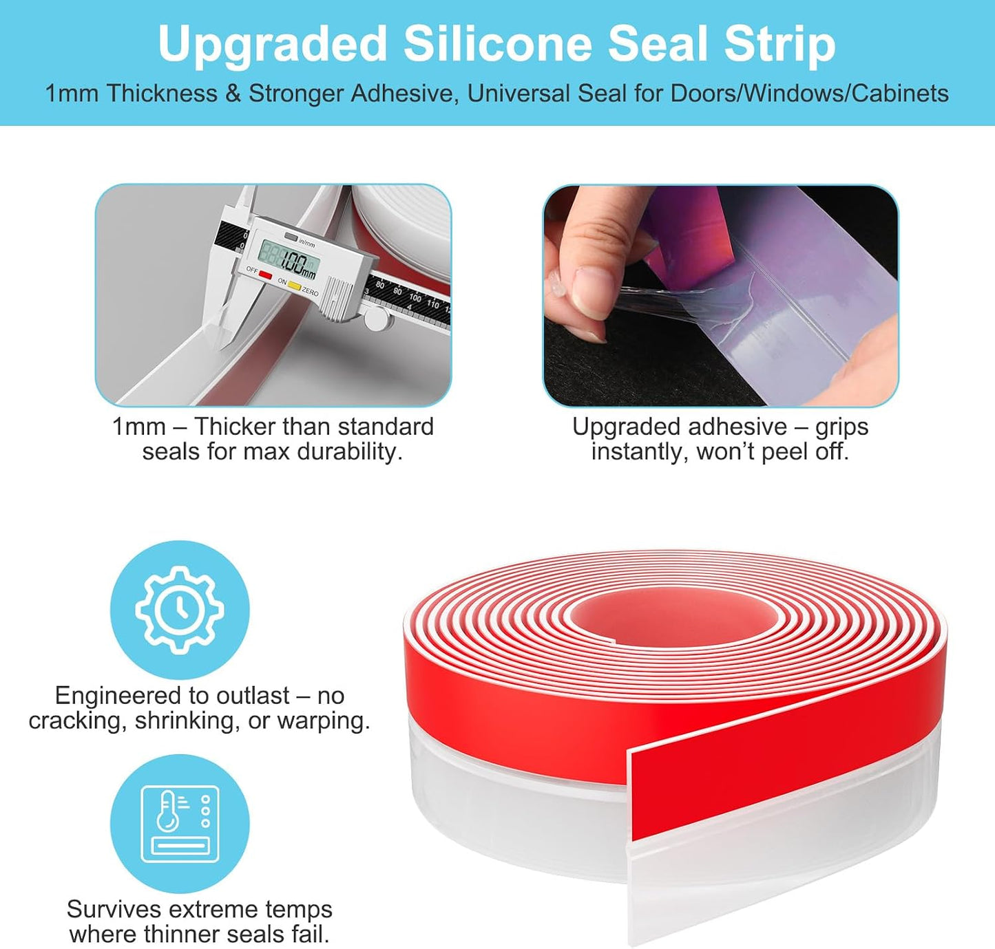 Elvone Weather Stripping Door Seal for Door Frames, 20 Ft x 1 in, Clear | Self-adhesive flexible silicone seal tape for door frame gaps and window gaps. block drafts, dust, and noise