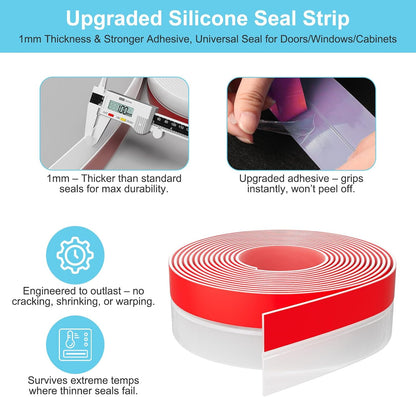 Elvone Weather Stripping Door Seal for Door Frames, 20 Ft x 1 in, Clear | Self-adhesive flexible silicone seal tape for door frame gaps and window gaps. block drafts, dust, and noise