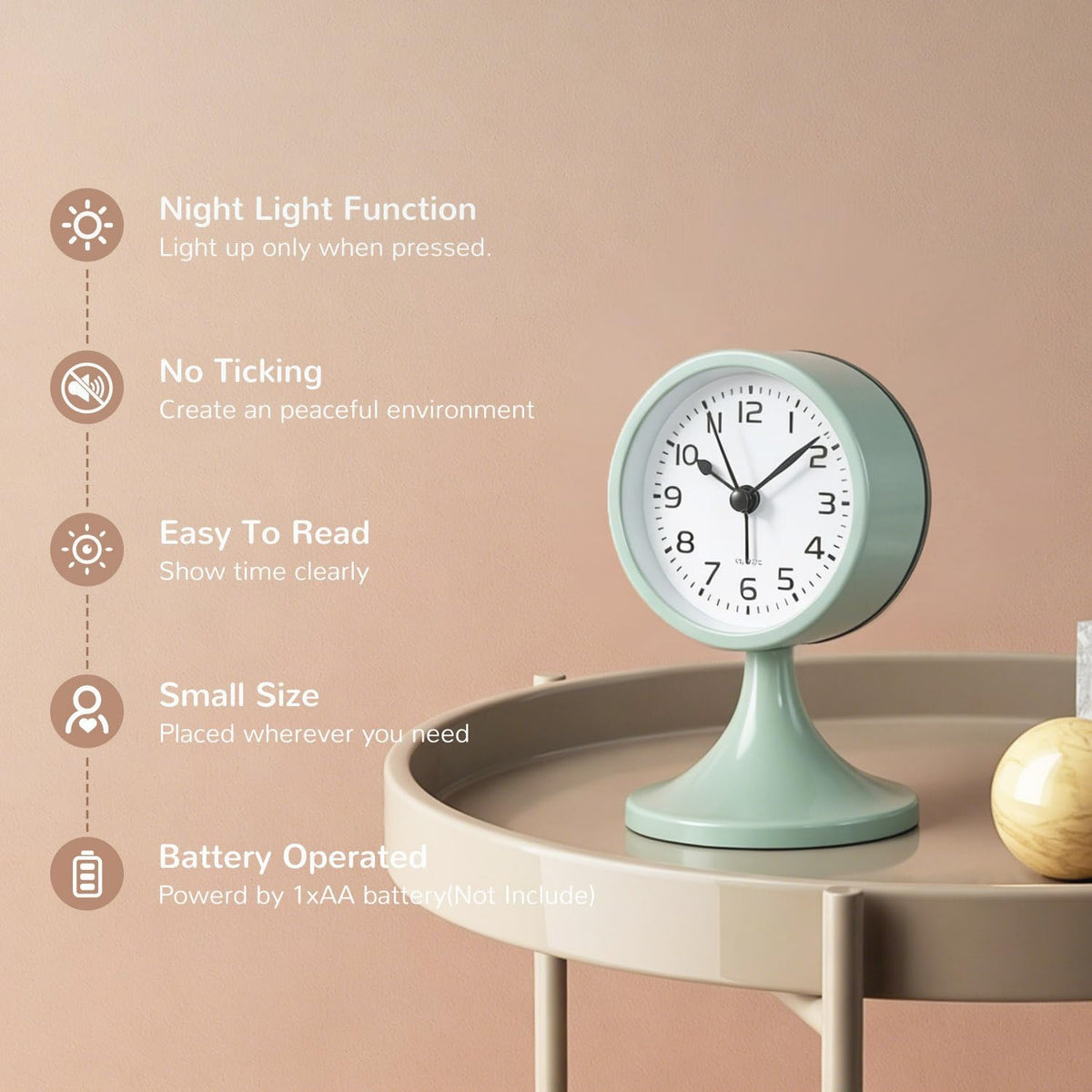 Alarm Clock, Metal 3 inch Silent Non Ticking Small Clock with Night Light, Battery Operated, Desk Analog Clock for Bedrooms Decoration, Old Fashioned Style Clock for Bedside, Adult, Gift