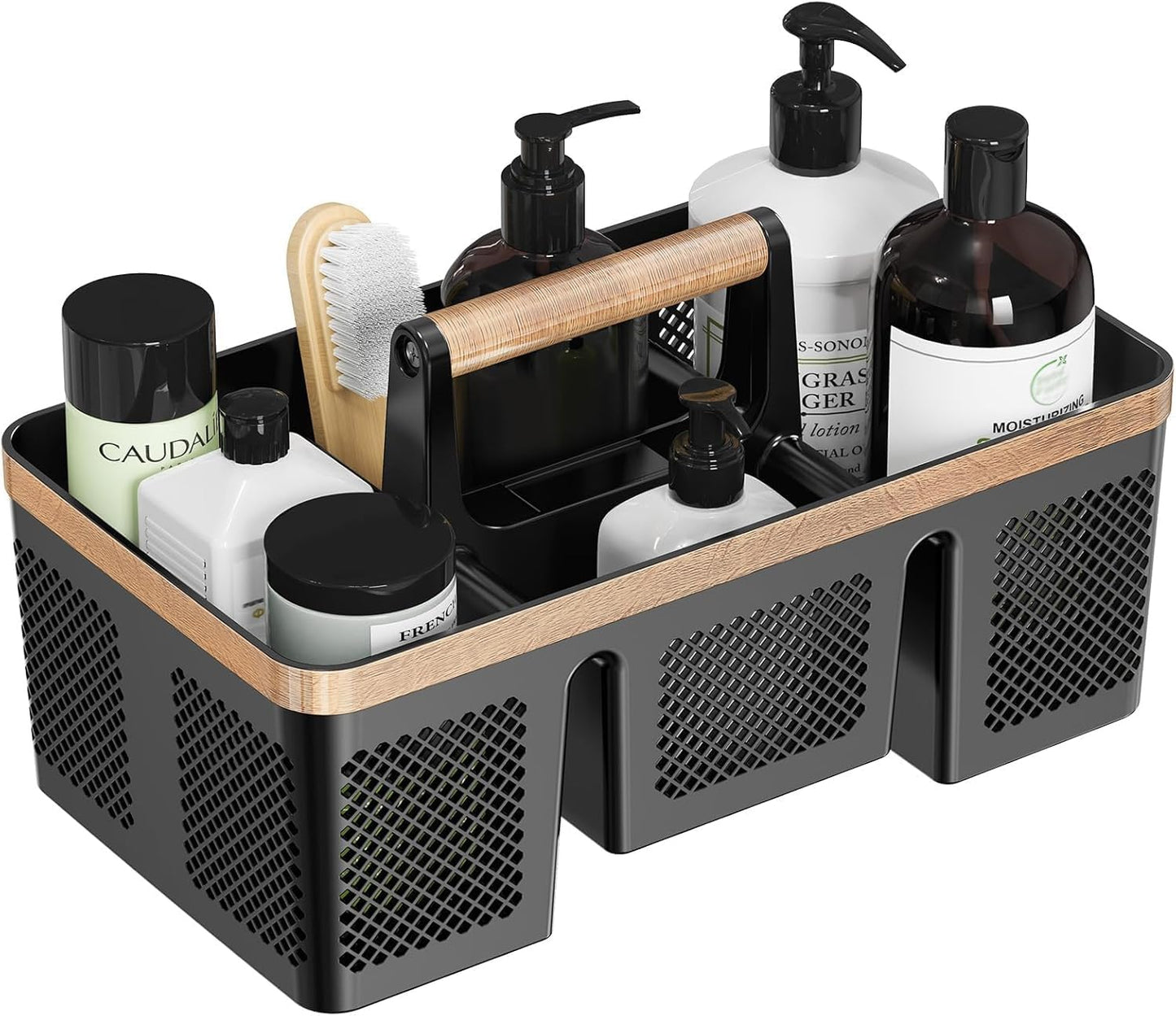 BYUNER Portable Cleaning & Shower Caddy with Handle: Rigid Plastic Basket with 4 Divided Compartments, All-Side Drainage for College Dorm, Bathroom & Utility Use, Black/Gold