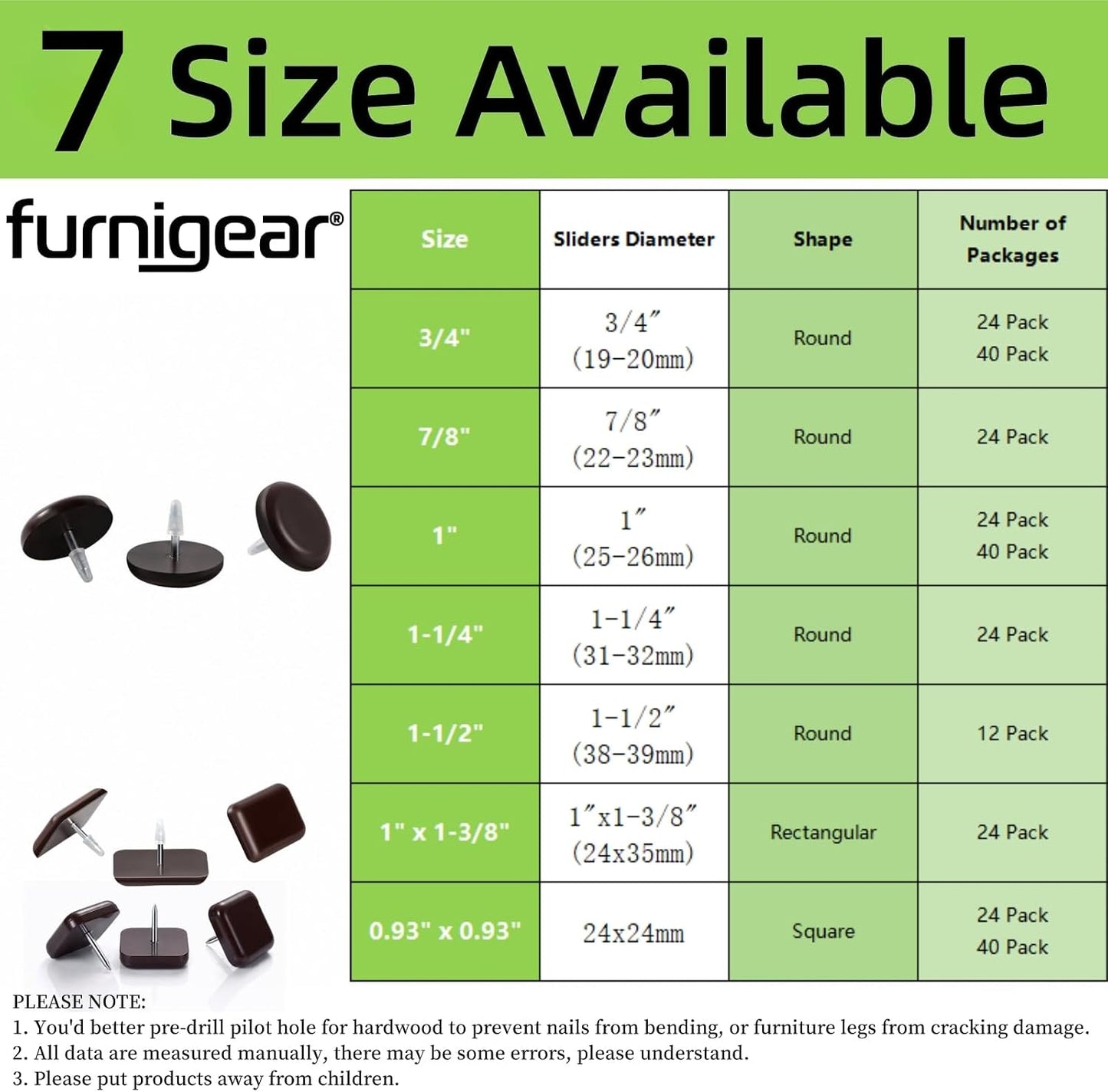 1" Nail on Furniture Sliders (24 Pack) - Furnigear Heavy Duty PTFE (Teflon) Chair Sliders Glides Wooden Furniture Movers Move Your Furniture Easily & Safety - Best Chair Leg Floor Protectors