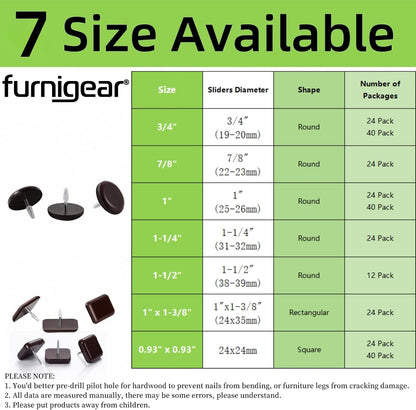 1" Nail on Furniture Sliders (24 Pack) - Furnigear Heavy Duty PTFE (Teflon) Chair Sliders Glides Wooden Furniture Movers Move Your Furniture Easily & Safety - Best Chair Leg Floor Protectors