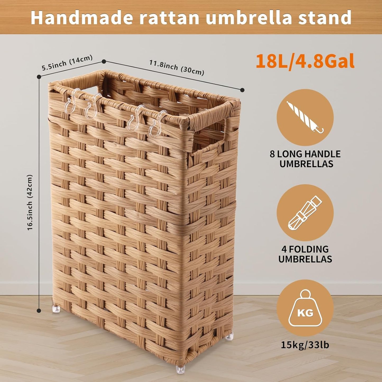 Rattan Umbrella Stand, Umbrella Holder for Entryway, Hand Woven Umbrella Rack Organizer Freestanding, with a Detachable Drip Tray, 4 Hooks, 11.8" L x 5.5" W x 16.5" H, Natural