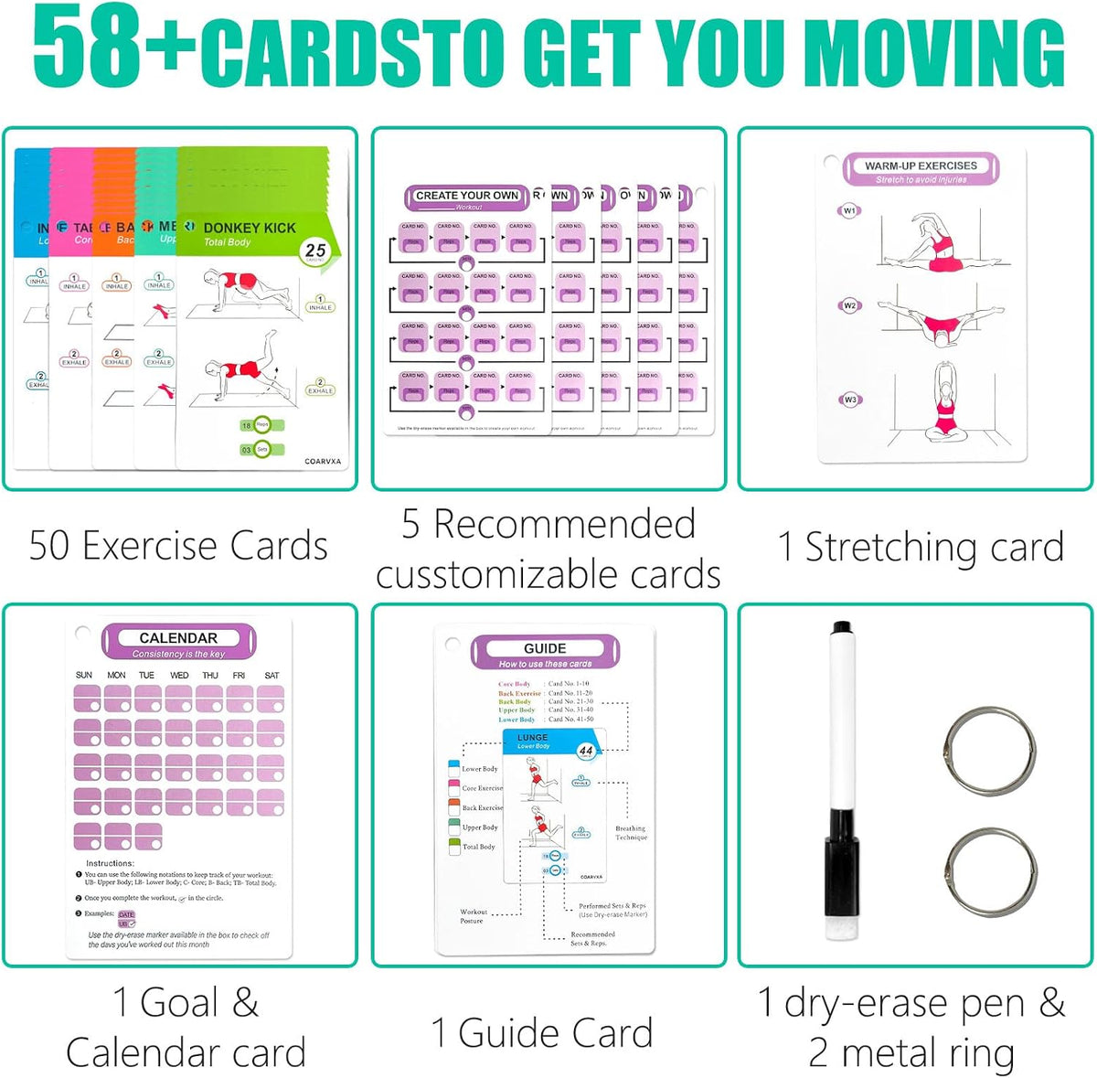 Bodyweight Workout Cards for Women & Men-50 Bodyweight Workout Cards，Includes 2 Rings& Dry-Erase for Easy Organization-Home, Gym or Studio (Bodyweight)