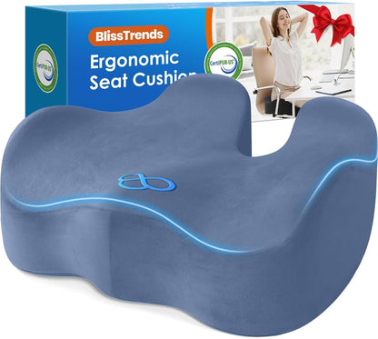 BlissTrends Memory Foam Seat Cushion for Office Chair & Car Seat, Black | 4.7in Ergonomic Tailbone & Sciatica Support with Removable Velvet Cover for Pressure Relief and Long Sitting Comfort