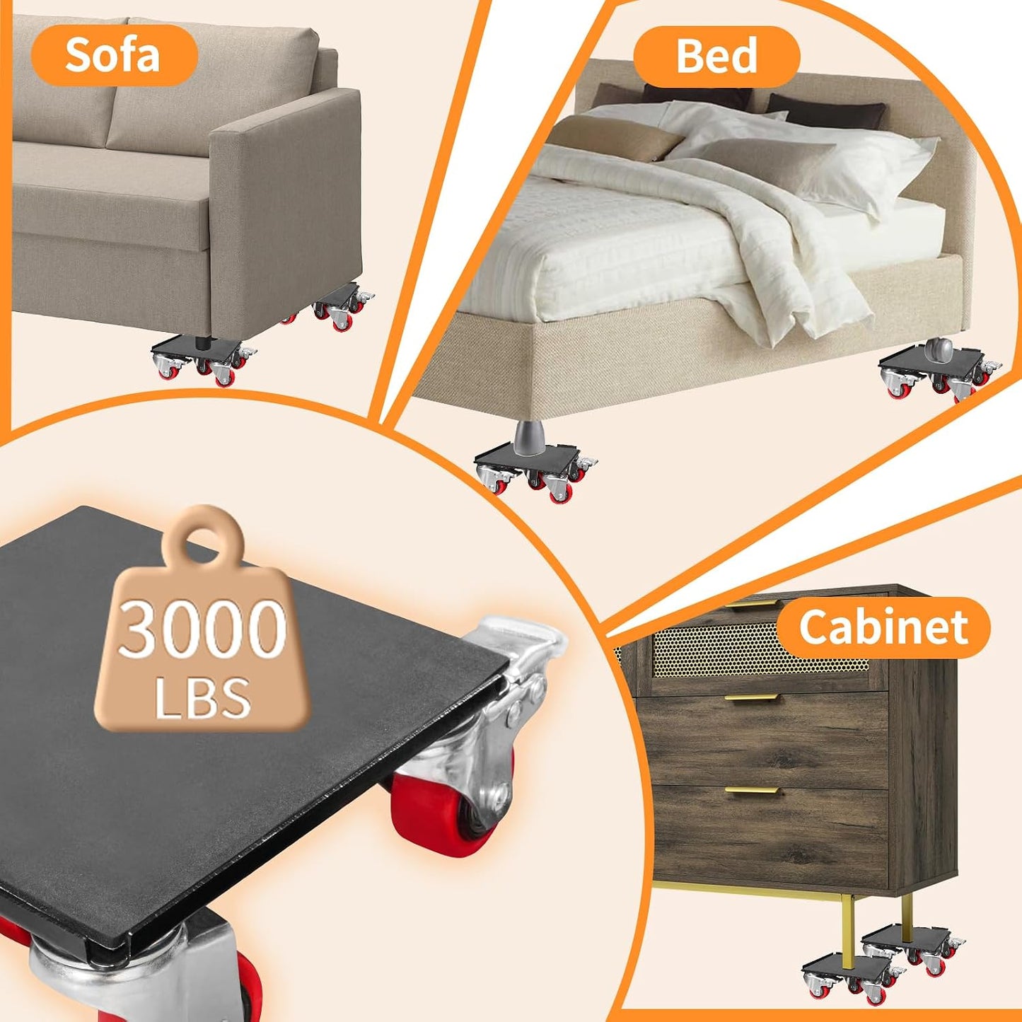 Heavy Duty Furniture Movers with 5 Wheels, 2000 lb Capacity Furniture Dolly Furniture Lifter Jacks Tool Set for Moving Heavy Furniture and Appliances, 360° Rotating Wheels & Side Brake