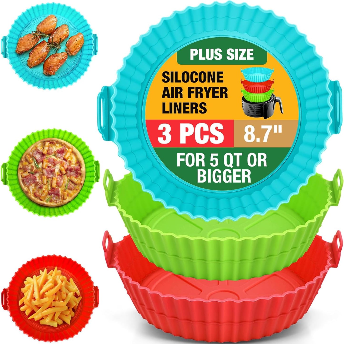 3 Pack Air Fryer Silicone Liners 8inch Air Fryer Silicone Pot Reusable Food Grade Silicone Airfryer Liners Baking Basket Accessories Replacement of Flammable Disposable Parchment Paper