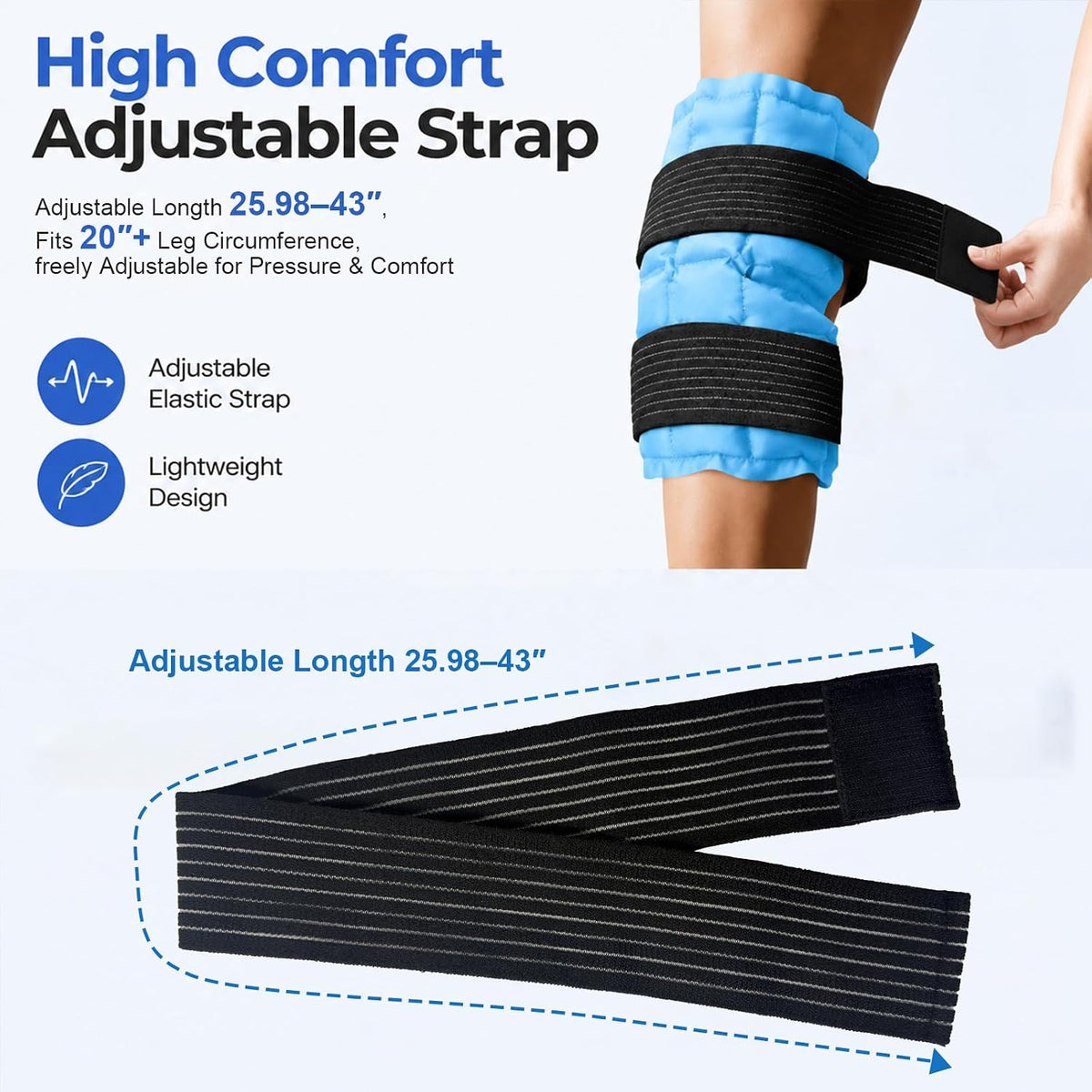 WORLD-BIO Ice Packs for Injuries Reusable, Knee Ice Pack Wrap with Straps, Gel Ice Wrap for Leg Pain Relief, Hot & Cold Compress Therap for Swelling, Water Soak Needed, Light Blue, 1Pack