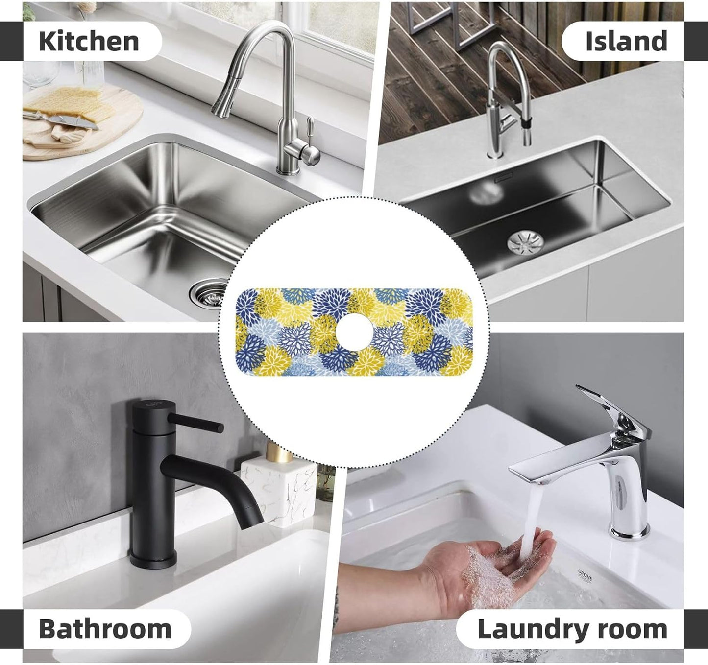 Abstract Flower Blooming Floral Watercolor Kitchen Sink Splash Guard Faucet Mat Super Absorbent Fast Drying Mat Sink Gadgets-Fast Drying Pad Sink Mat For Kitchen Bathroom (15" X 5.5" )