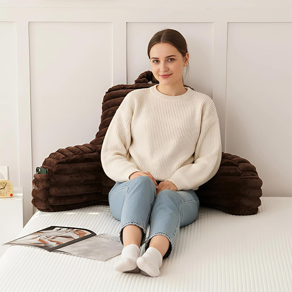 Large Reading Pillow for Adults, Back Support Pillow for Sitting Up in Bed with Arms, Couch for Lounging Bedrest, Pink