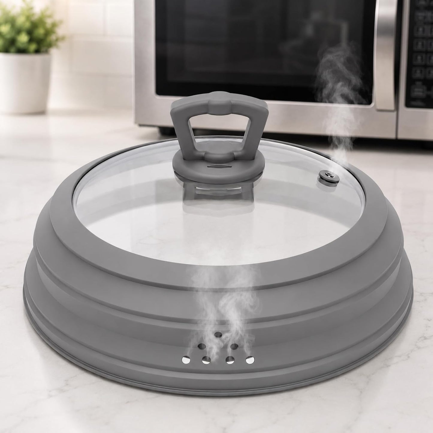 Collapsible Microwave Splatter Cover, Vented Glass Silicone Lid with Heat resistant Handle, Fit Plates Bowls Pots, Safe for Microwave Convection Oven Steamer Dishwasher（grey 11.8in）