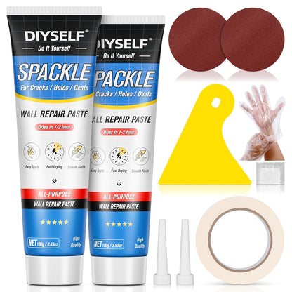 DIYSELF 9-Piece Spackle Wall Repair Kit, 7 oz White Touch Up Paste Set | Complete Repair Tools, Easy-to-Apply Wall Putty for Cracks, Nail Holes, Wall Filler for Gaps, Homes, Apartments and Renters