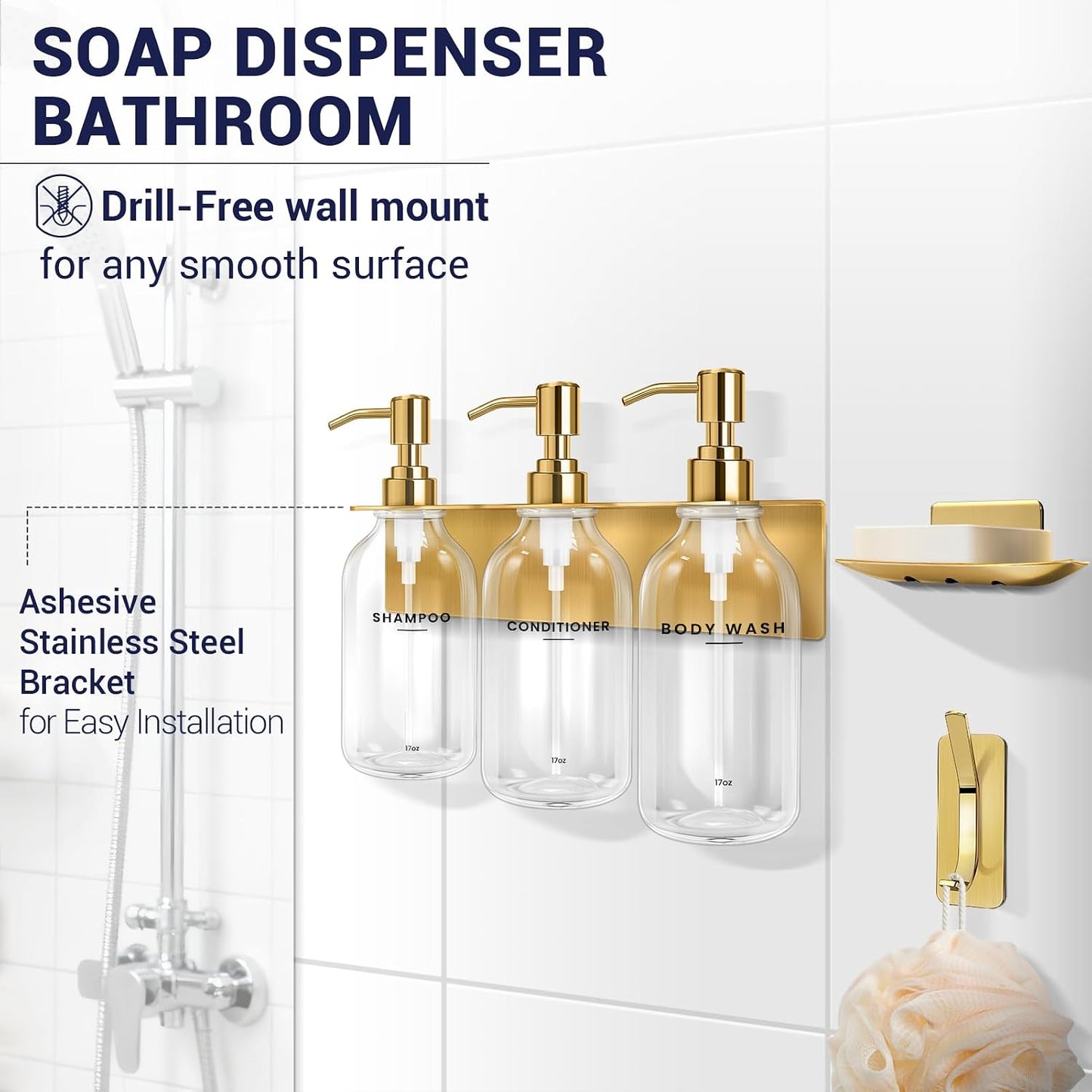 Shampoo Conditioner Body Wash Dispenser Bonus Soap Dish and Hook, Clear | 17 fl oz Set of 3 Clear Plastic Bottles with Black Pumps, Drill Free Adhesive Bathroom Organizer, Dorm Room Essentials