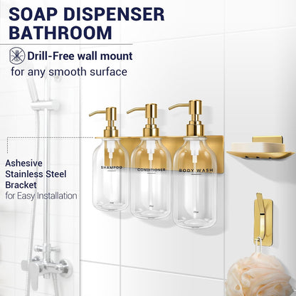 Shampoo Conditioner Body Wash Dispenser Bonus Soap Dish and Hook, Clear | 17 fl oz Set of 3 Clear Plastic Bottles with Black Pumps, Drill Free Adhesive Bathroom Organizer, Dorm Room Essentials