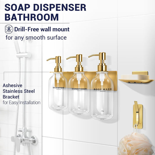 Shampoo Conditioner Body Wash Dispenser Bonus Soap Dish and Hook, Clear | 17 fl oz Set of 3 Clear Plastic Bottles with Black Pumps, Drill Free Adhesive Bathroom Organizer, Dorm Room Essentials