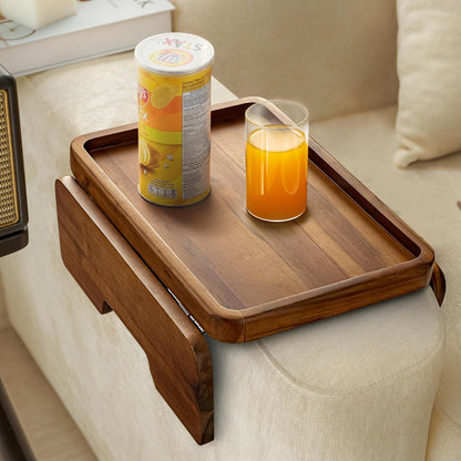 HOLANA 13.75" Acacia Sofa Arm Tray Table, Double Hinge, Natural Wood Color | Solid Acacia Wood, Spacious Surface, Clips Securely with Double-hinge Grip, Foldable & Portable, Multipurpose, No Assembly