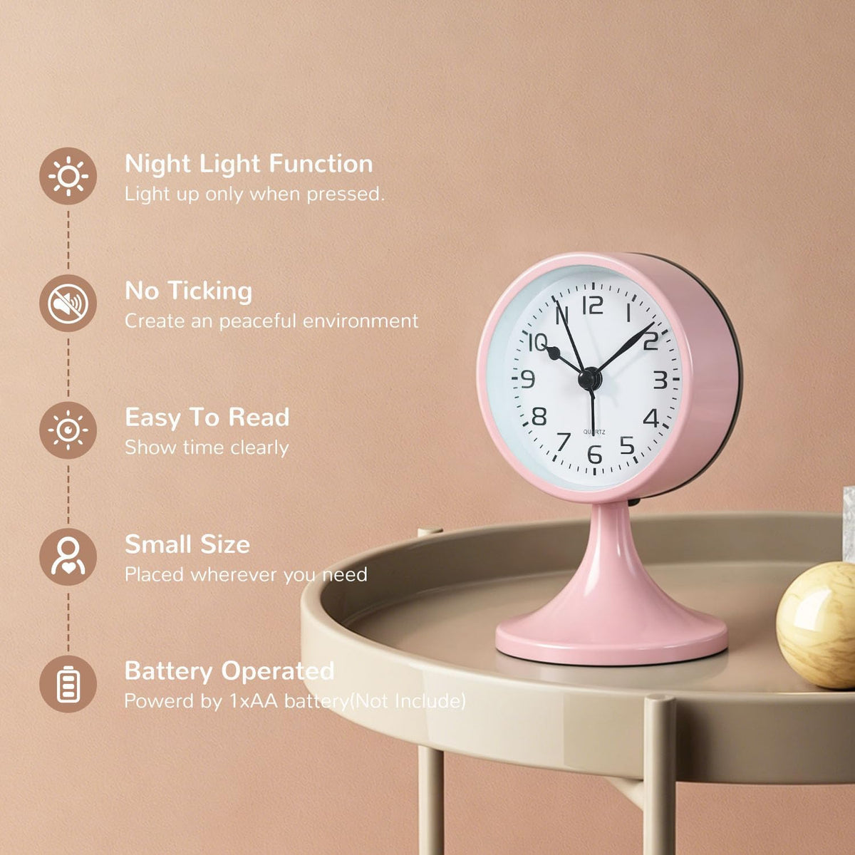 Alarm Clock, Metal 3 inch Silent Non Ticking Small Clock with Night Light, Battery Operated, Desk Analog Clock for Bedrooms Decoration, Old Fashioned Style Clock for Bedside, Adult, Gift