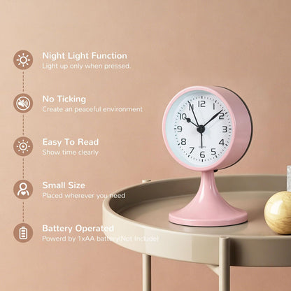 Alarm Clock, Metal 3 inch Silent Non Ticking Small Clock with Night Light, Battery Operated, Desk Analog Clock for Bedrooms Decoration, Old Fashioned Style Clock for Bedside, Adult, Gift