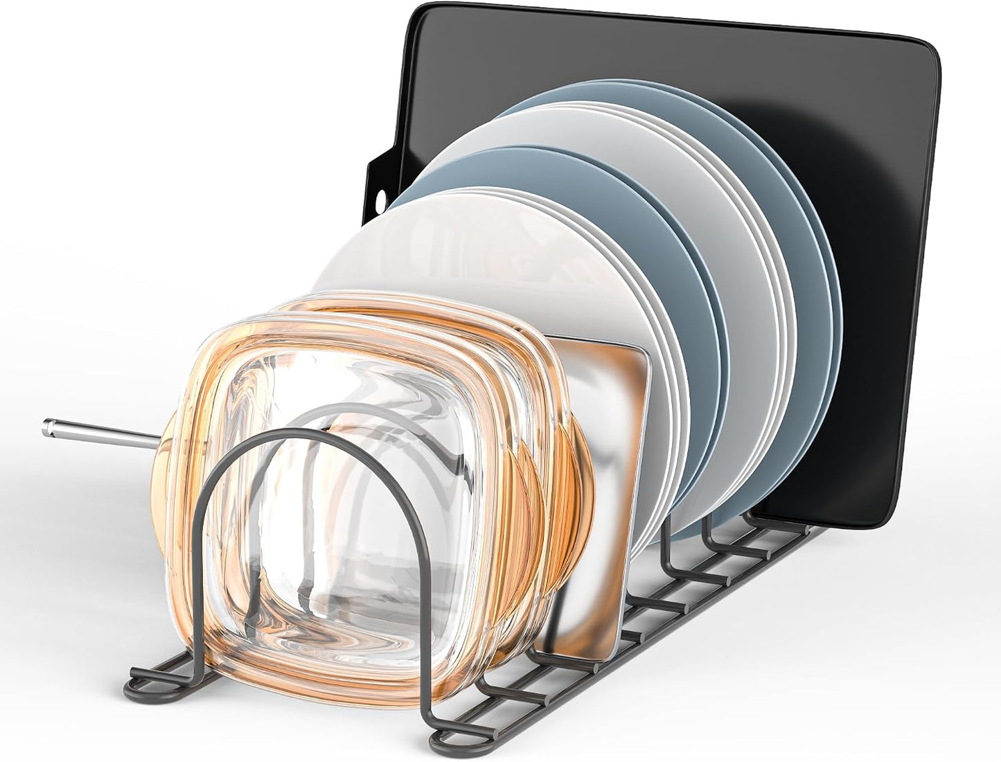 JAQ Plate Rack for Cabinet, 10.5" Vertical Dish Organizer for Plates, Pot Lids, Cutting Boards & Baking Sheets, Metal Kitchen Cabinet Organizer (1-Pack, White)