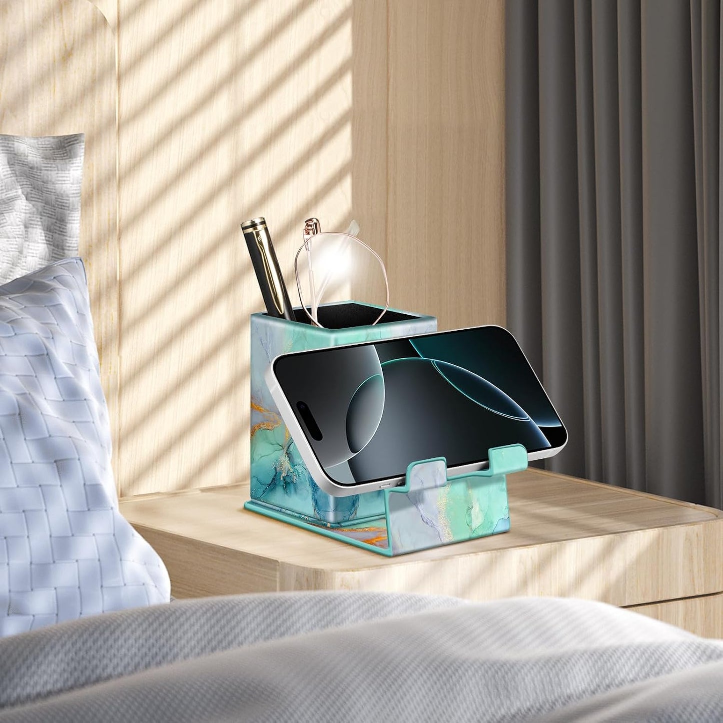 FINTIE Pencil Holder With Phone Stand, Eyeglasses Holder, Desktop Organizer | Nightstand Glasses Holder, Desktop Organizer, For Remote/Pen Storage, Office Supplies Case, Home Decor