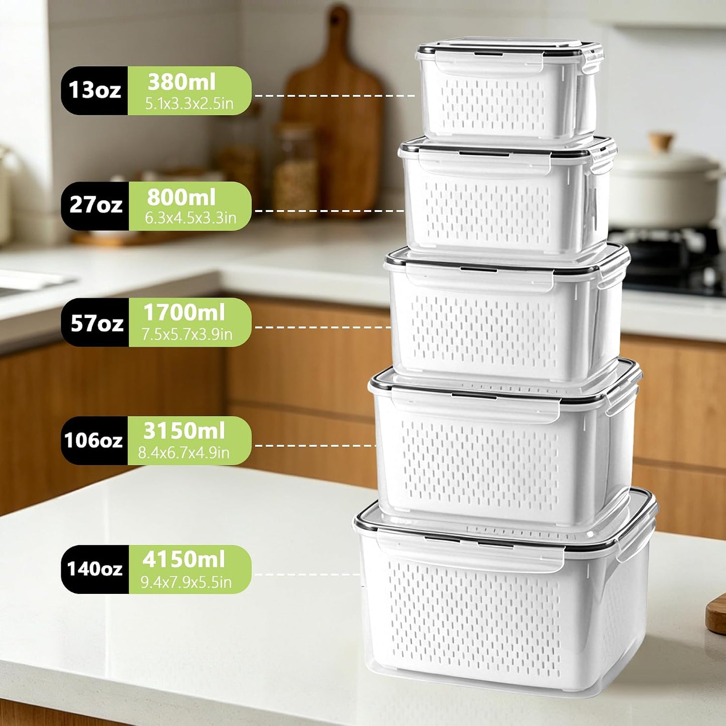 5 Pack Fruit Storage Containers for Fridge,Produce Container for Fridge with Removable Colanders,Leakproof Refrigerator Organizers and Storage for Produce Berry Vegetable Salad Meat Food Keep Fresh