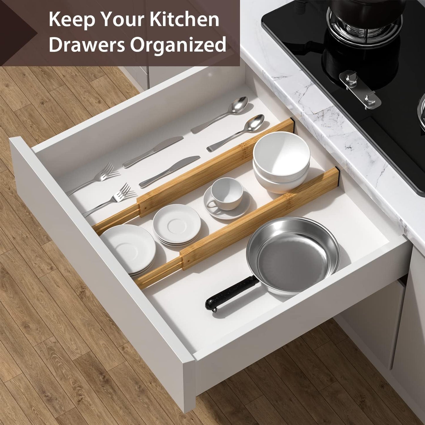 4 PCS Drawer Divider, 17"-22" Adjustable Bamboo Drawer Dividers Organizers, Expandable Separators for Kitchen, Clothes, Dressers, Home, Office