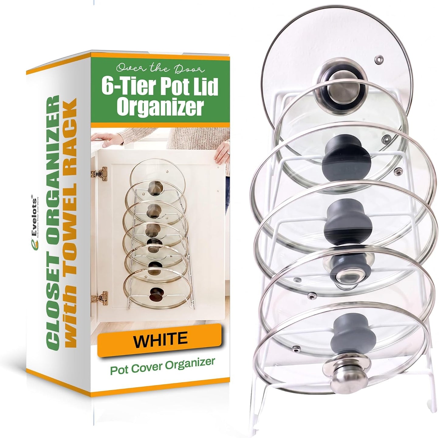 Evelots 6 Pot Lid Organizer for Cabinet Door or Pantry Wall - Closet Door Pots and Pans Lids Holder - Glass or Metal Pan Covers Cabinet Organizer Kitchen Storage - White 6 Tier Lid Rack