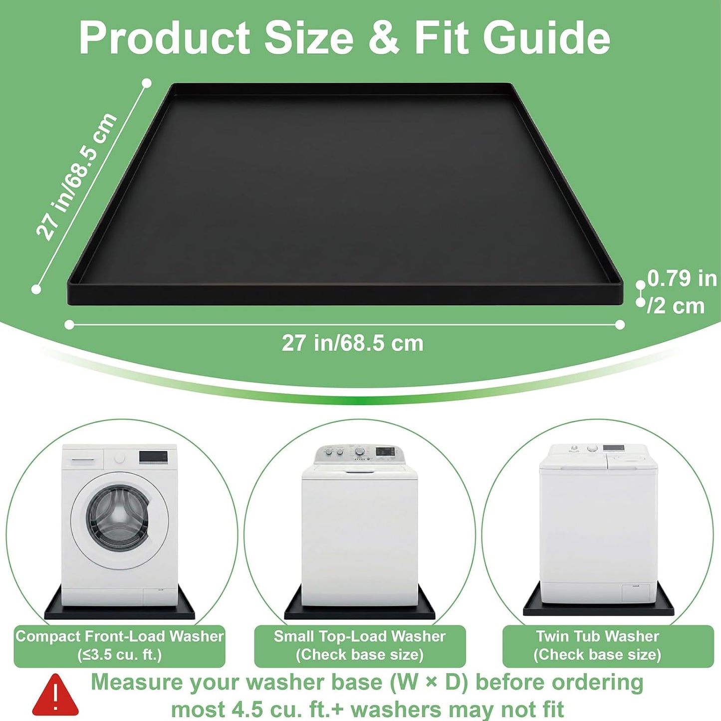28.7” x 28.7” Washing Machine Drain Pan, Silicone Washer Pan, Black | 2cm Raised Waterproof Edge, Washer and Dryer Mat for Floor Protection, Fits Compact Washers Up to 4.0 Cu.Ft.
