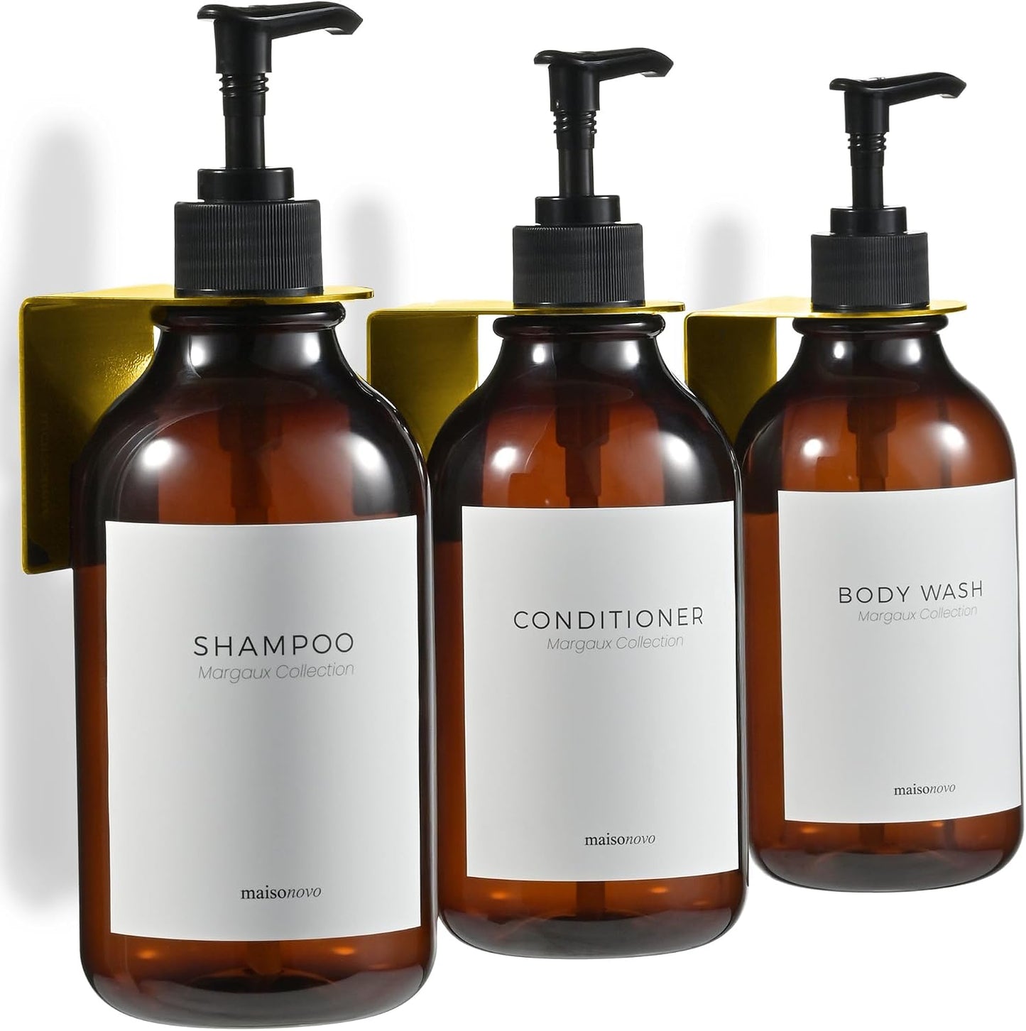 MaisoNovo Shampoo and Conditioner Dispenser|Refillable Black Set of 3 | 500 ml Shower Gel Dispenser Set of 3. Refillable Shampoo and Conditioner Bottles. Drill Free Secure Design. Black