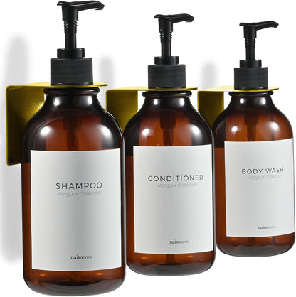 MaisoNovo Shampoo and Conditioner Dispenser|Refillable Black Set of 3 | 500 ml Shower Gel Dispenser Set of 3. Refillable Shampoo and Conditioner Bottles. Drill Free Secure Design. Black