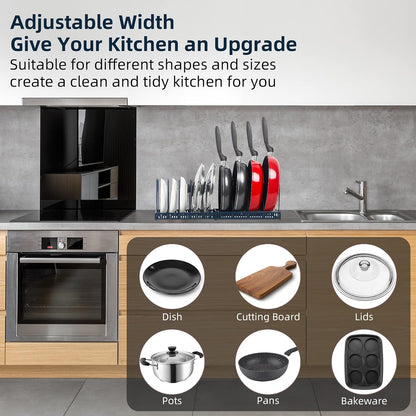 ROOHUA Pot and Pan Lid Organizer Rack for Under Cabinet, 12"-23" Expandable | 10 Adjustable Dividers, Holds Pan Lids, Cookware & Bakeware, Creates Tidy Cabinet Storage, Durable Metal, Bronze