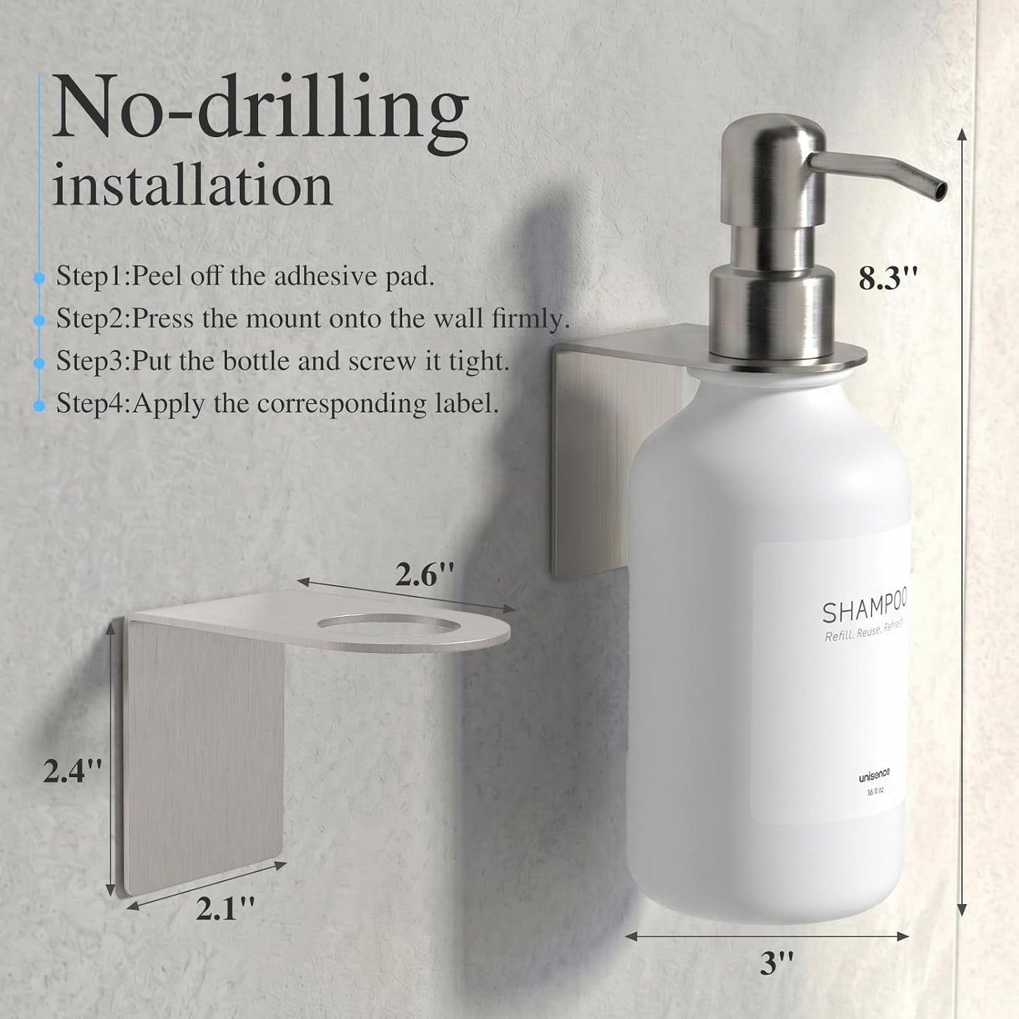 Shampoo and Conditioner Dispenser Wall Mounted Set of 3 - Shampoo Conditioner Body Wash Dispenser No Drill - White Shower Bottles Refillable with Labels and Stainless Steel Pumps 500ML/16.9oz