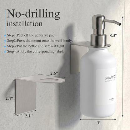 Shampoo and Conditioner Dispenser Wall Mounted Set of 3 - Shampoo Conditioner Body Wash Dispenser No Drill - White Shower Bottles Refillable with Labels and Stainless Steel Pumps 500ML/16.9oz