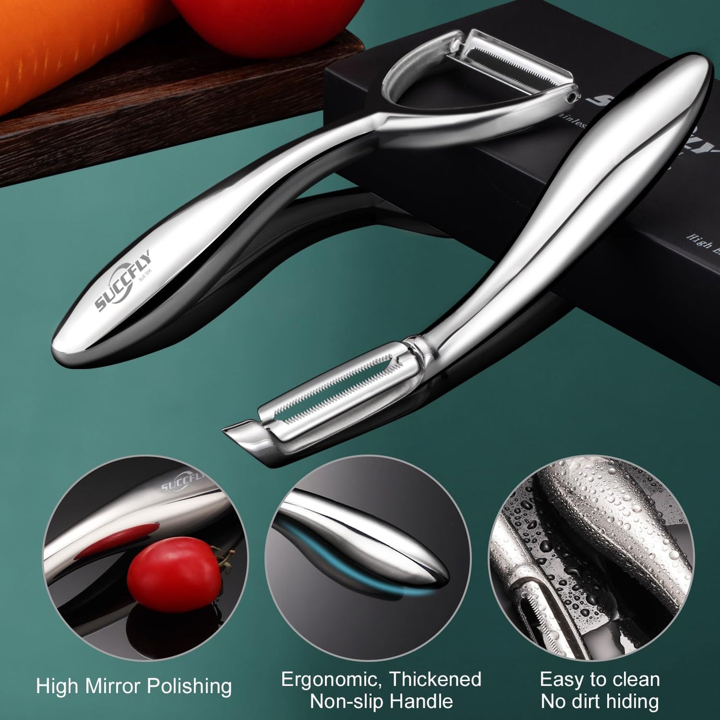 SUCCFLY Stainless Steel Vegetable Peeler Set, Premium Veggie Fruit Peeler | Ultra Sharp Potato Apple Carrot Peelers, Rotary Serrated 420J2 Blade, Thicken Non-Slip Ergonomic Handle, 5-Year Warranty