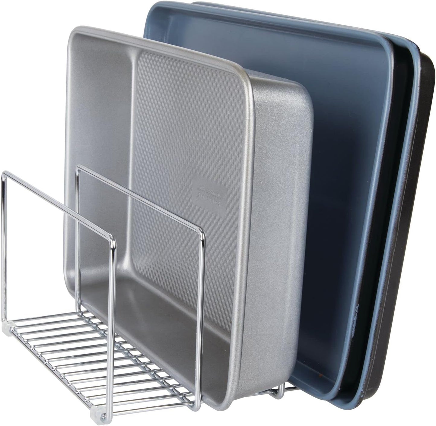mDesign 3 Slot Tray and Pan Rack — Metal Wire Rack for Pantry and Kitchen Storage — Freestanding Pan Lid Holder Also for Baking Trays and Crockery – Silver