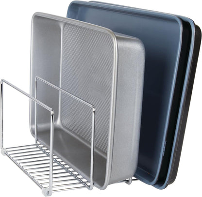 mDesign 3 Slot Tray and Pan Rack — Metal Wire Rack for Pantry and Kitchen Storage — Freestanding Pan Lid Holder Also for Baking Trays and Crockery – Silver