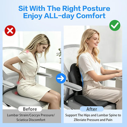 Memory Foam Seat Cushion with Lumbar Support for Sciatica & Tailbone Pain Relief, Fit Office Chair, Wheelchair, Car Seat, Airplane, Long Sitting Workers & Drivers (Gray)