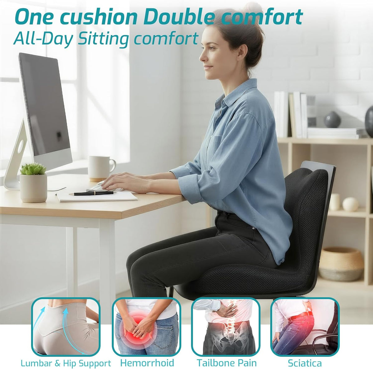 Memory Foam Seat Cushion,Office Chair Cushion with Lumbar Support for Back Pressure Relief, Car Seat Cushion with Adjustable Strap,Sciatica Pad Cushions for Car,Truck, Desk,Gaming Chair