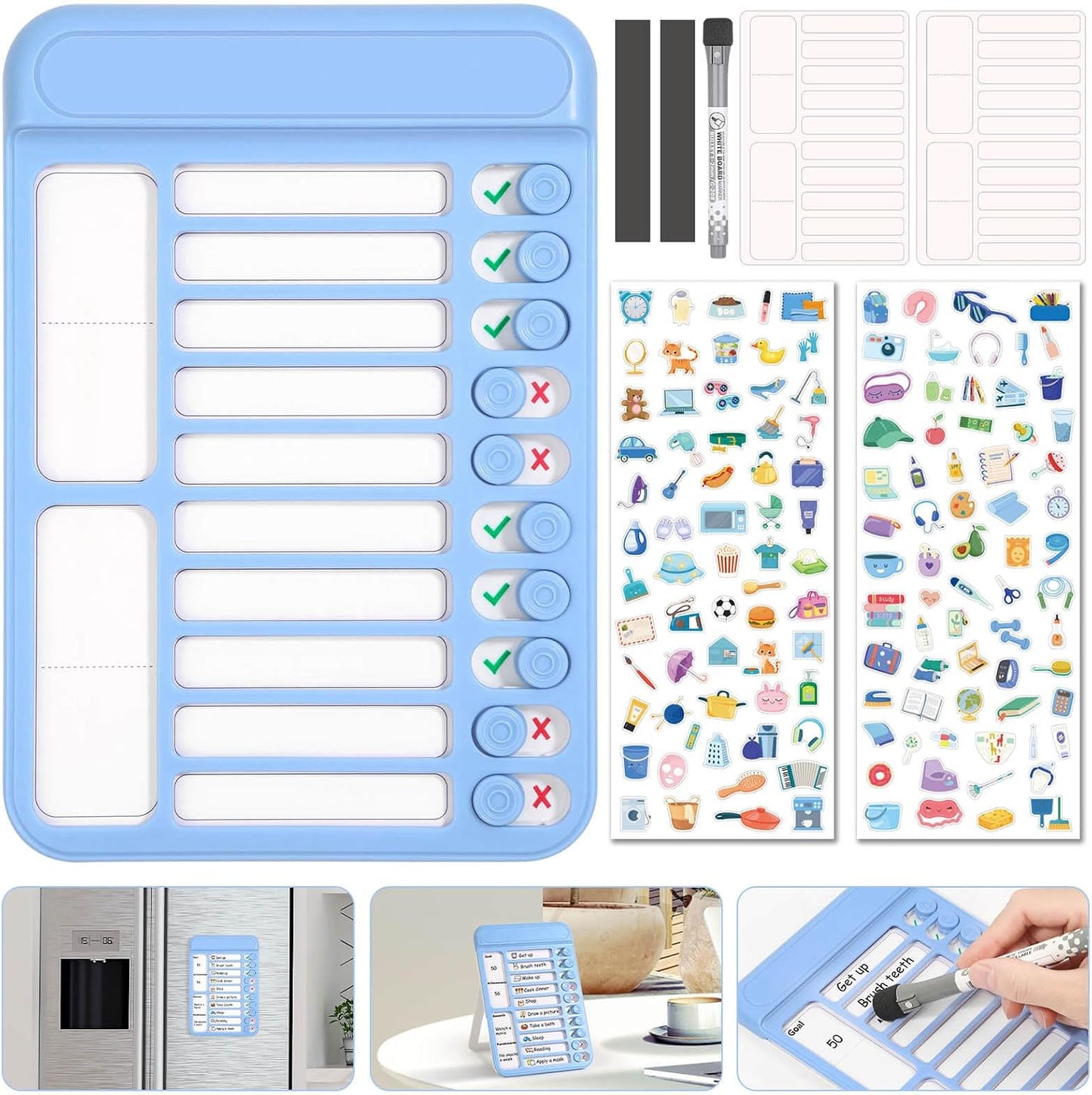 Audab 2Pcs Dry Erase Chore Chart for Kids, Magnetic Checklist Board, My Chores Slider Chart to Do List Board, Routine Chart Schedule Board Task Tracker for Home Refrigerator, Wall, Desk (Blue & Pink)