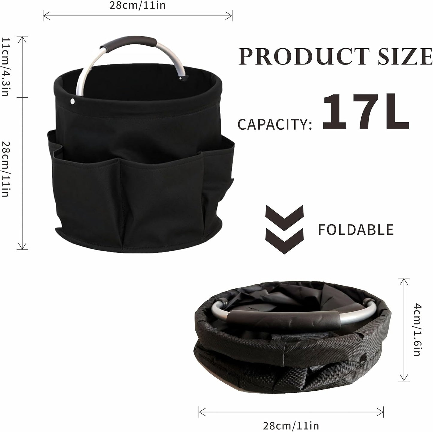 Cleaning Caddy with Handle,Cleaning Supplies 17L Foldable Storage Basket | Portable Multi Bucket Organiser Mop Bucket for Home Garden (Black)-11 x 11inches
