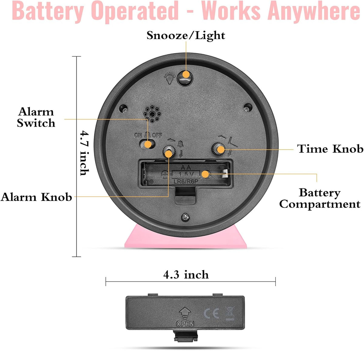 4.5 Inch Small Desk Clock Battery Analog Alarm Clock for Bedroom, Black