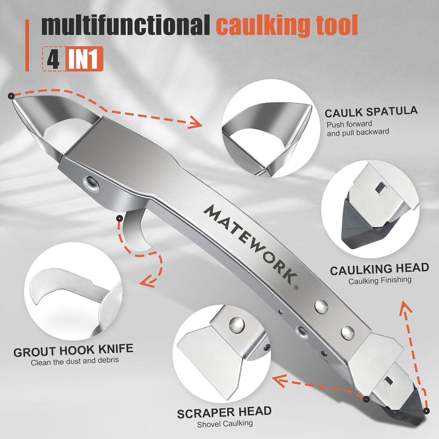 Matework Complete Caulking Tool Kit, 4 in 1 Stainless Steel Caulk Remover | Caulk Finishing Tool, Grout Removal, Scraper, Cut Resistant Gloves, for Bathroom Shower Kitchen Living Room, Home Repair