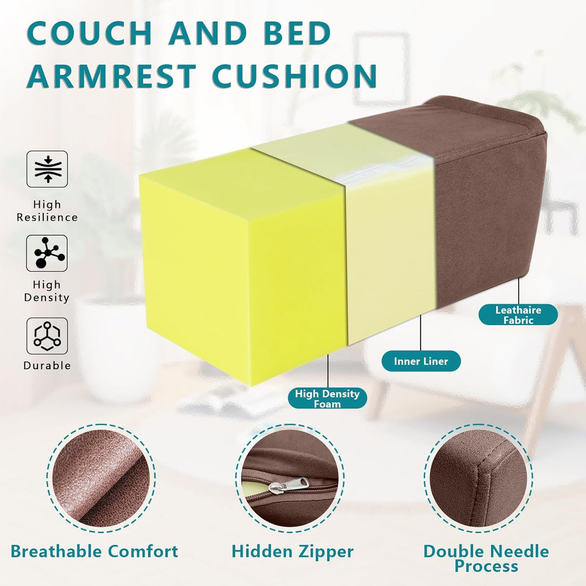 2 Pack Couch Arm Rest Pillow, 6''x6''x20'' Faux Leather Waterproof Cover, High Density Foam Armrest Cushion, Removable & Washable Elbow Support for Sofa, Bed, and Armchair (Medium Grey)