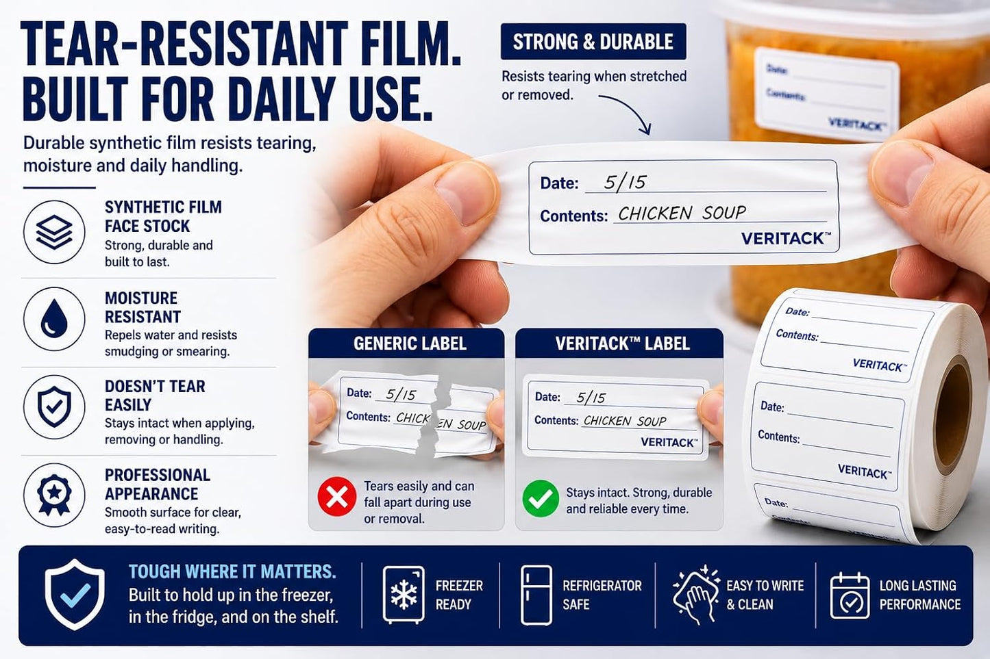 Veritack™ 500 Removable Food Labels – 1" x 3" Writable Stickers for Containers, Meal Prep & Food Storage – Moisture Resistant – Leaves No Residue – Works in Freezer, Fridge & Room Temperature