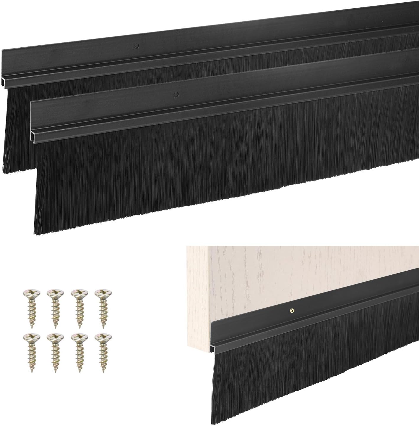 M METERXITY 2Pack Door Sweep - 39" Door Bottom Brush Heavy Duty Seal Draft Stopper Aluminum Base with 20mm Brush, Adhesive/Screw Installation for Interior/Exterior/Garage/Sliding Doors, Black